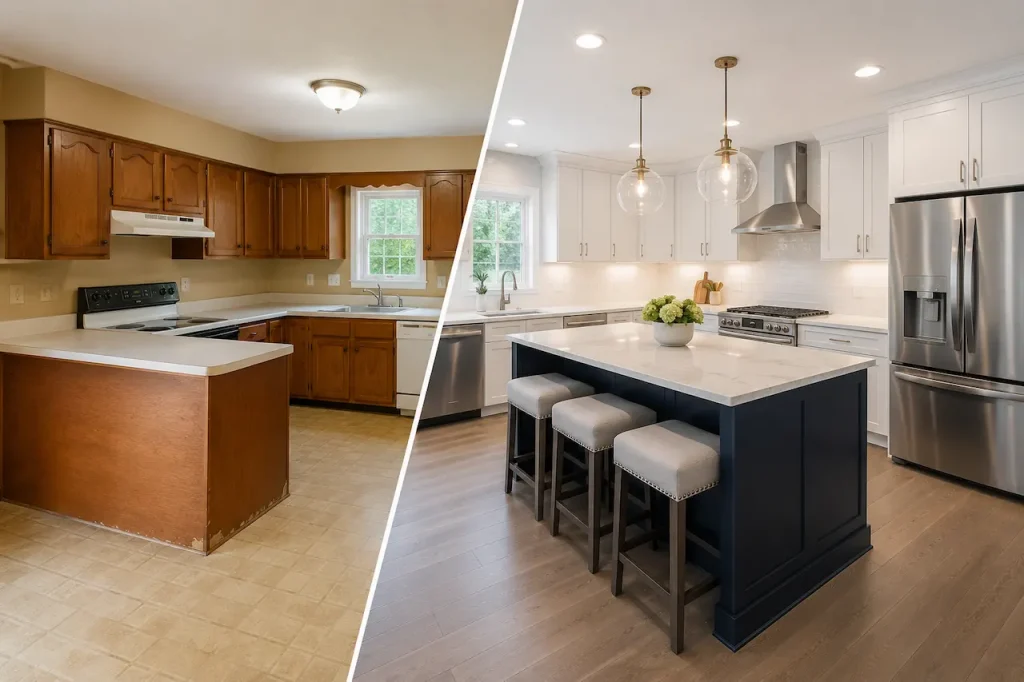 Luxury before-and-after kitchen remodel featuring a modern white kitchen with island seating and stainless steel appliances.
