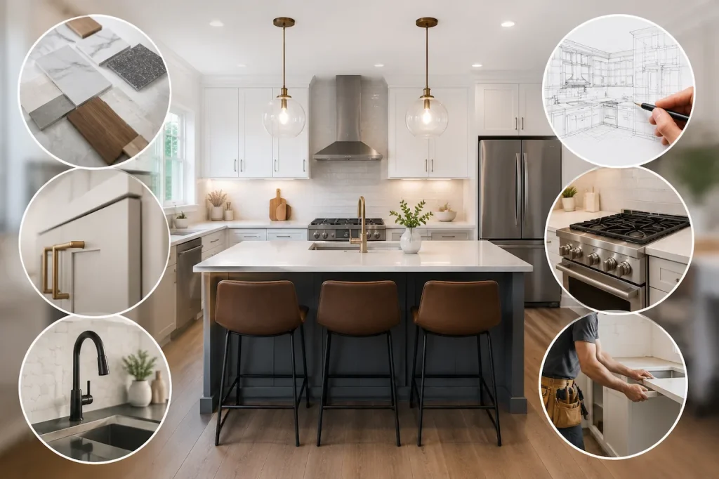Modern kitchen remodel with white cabinets, island seating, stainless steel appliances, and renovation design elements showing materials and installation details.