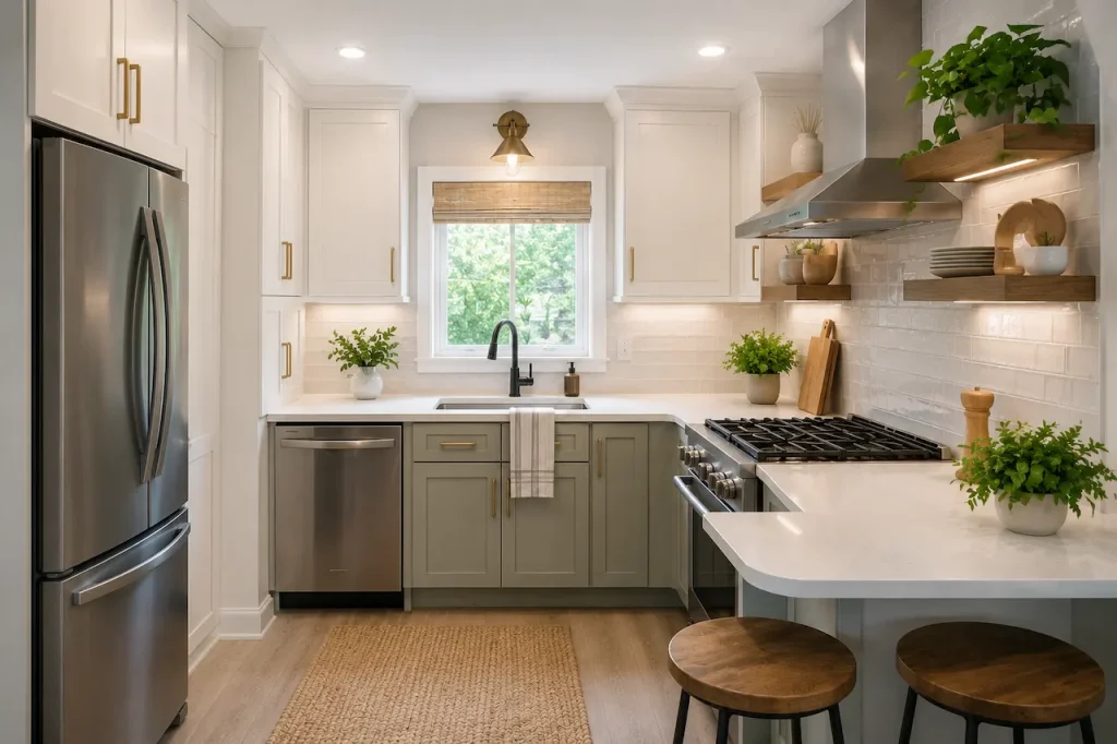 Small modern kitchen remodel with white cabinets, stainless steel appliances, open shelving, and space-saving layout design.