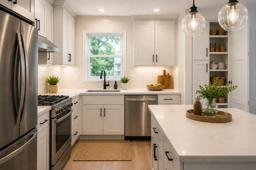 Modern small kitchen design with smart storage, white cabinets, stainless steel appliances, and a functional space-saving layout.