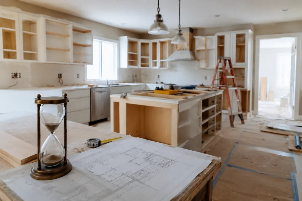 Kitchen remodeling project in progress showing delays, unfinished cabinets, tools, and construction work in Chesapeake VA.