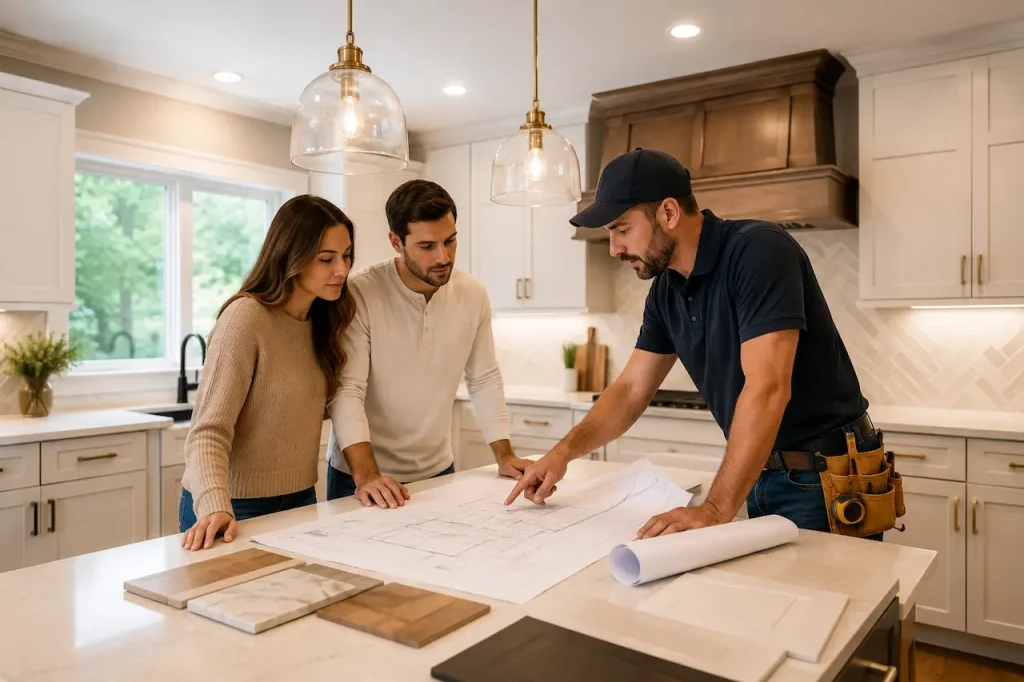 Three people two homeowners and a contractor reviewing architectural blueprints on a kitchen island in a modern, well lit kitchen with sample materials and cabinet finishes displayed.
