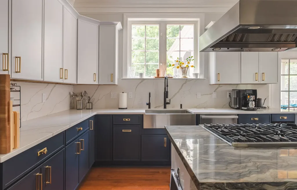 best kitchen remodeling contractor Virginia modern kitchen with custom cabinets and marble countertops
