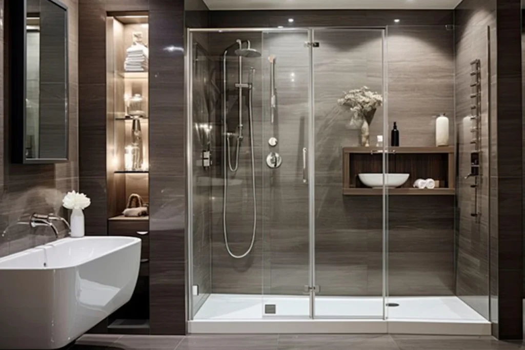 Modern walk in shower over tub design in a luxury Virginia bathroom