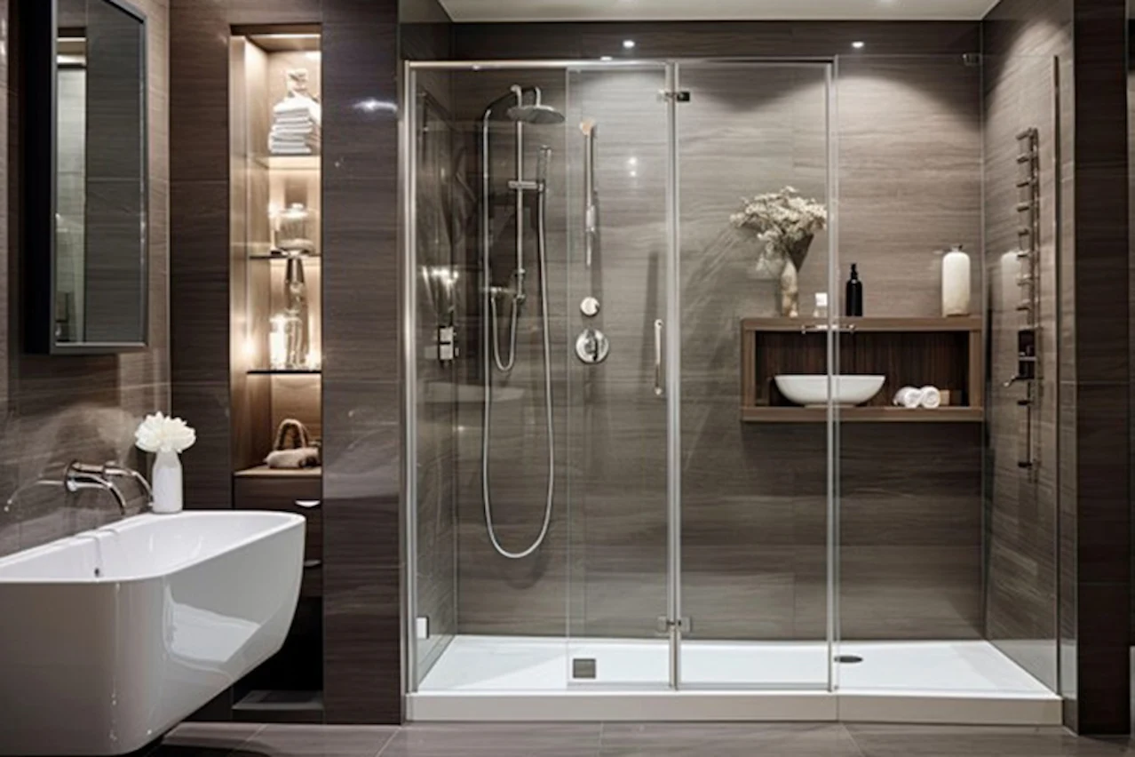 Modern walk in shower over tub design in a luxury Virginia bathroom