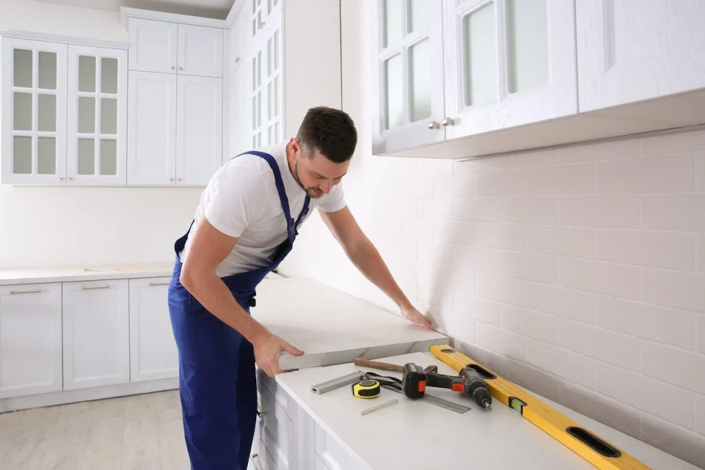 Contractor installing kitchen countertop to avoid kitchen remodel delays during renovation