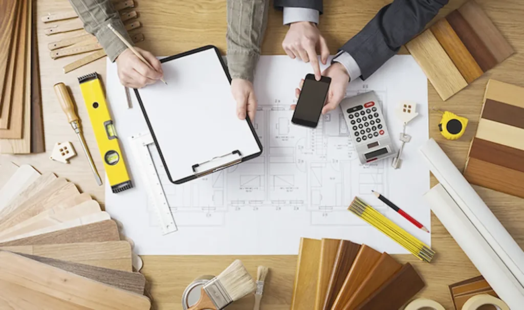 Bathroom remodeling planning process with design layouts and material samples