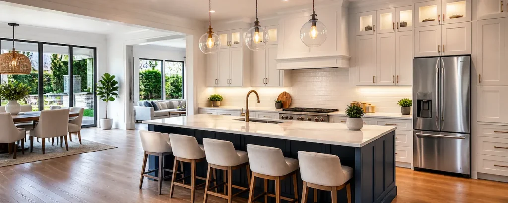 Wide, modern open-concept kitchen with white cabinetry, large island seating, pendant lights, stainless steel appliances, and seamless flow into dining and living areas with garden views.