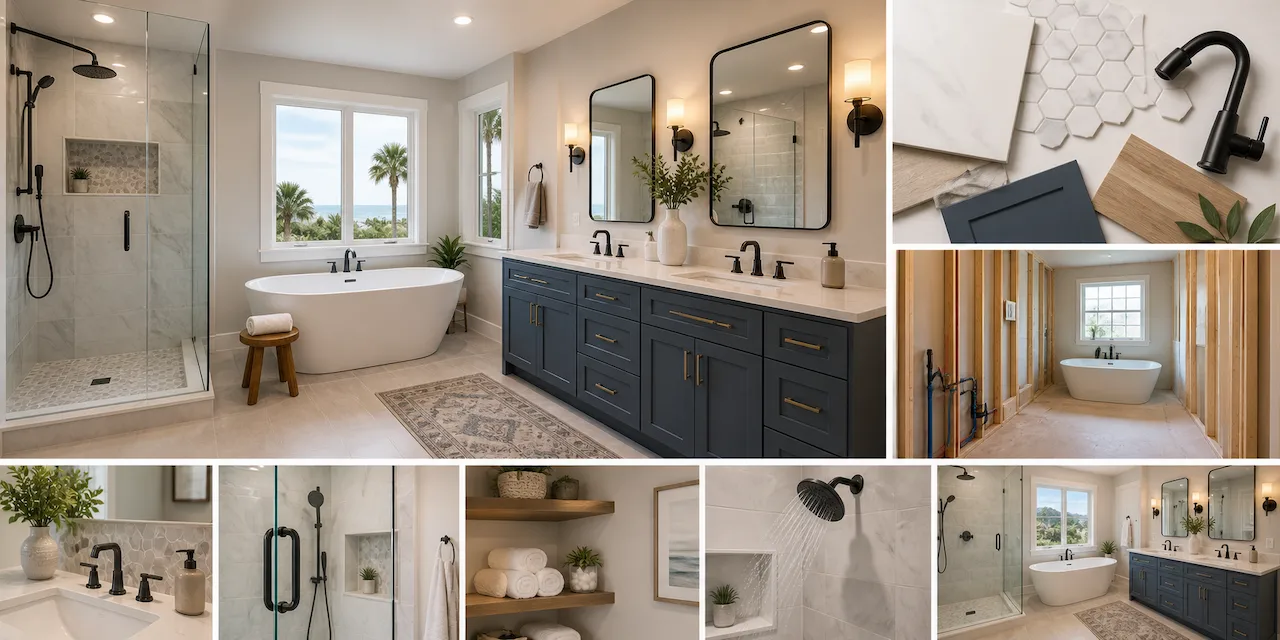 Wide collage of modern bathroom remodeling featuring a freestanding tub, glass walk-in shower, double vanity, coastal-style finishes, material samples, and renovation progress stages.