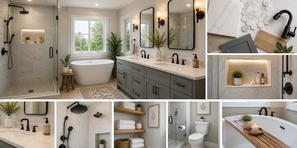 Wide, clean collage of modern bathroom designs featuring a freestanding tub, glass walk-in shower, double vanity with matte black fixtures, soft neutral tones, and spa-style details.
