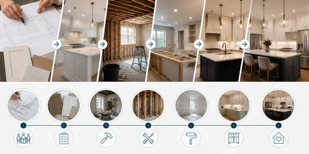 Wide banner-style collage showing kitchen remodeling stages from planning and design to demolition, construction, installation, and a finished modern kitchen.